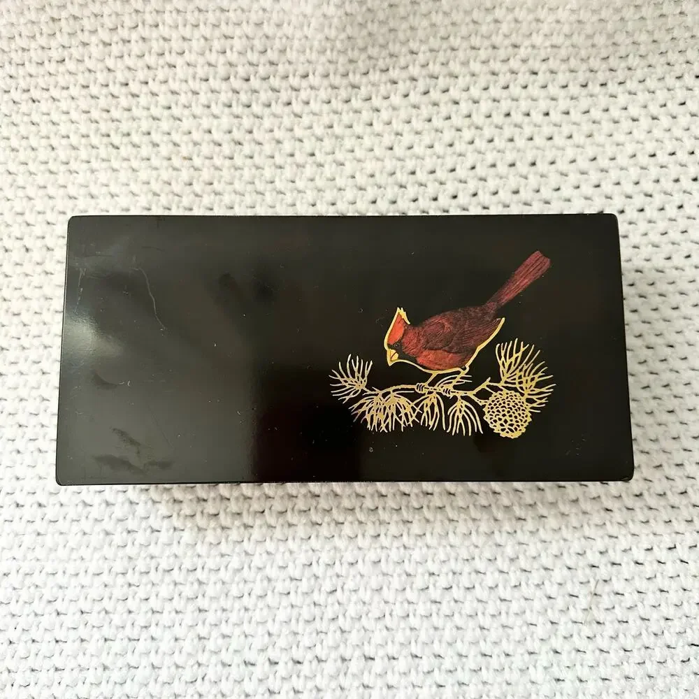 Vintage Couroc of Monteray Lacquerware Black MCM Cardinal Pine Bough Trinket Box